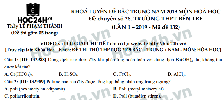 Đề thi thử THPT quốc gia môn Hóa học năm 2019 - Trường THPT Bến Tre (Mã đề 132)